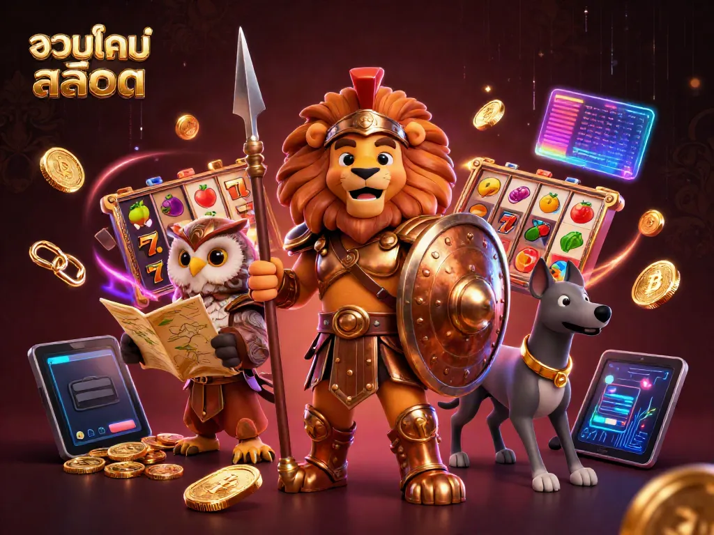 Engage in รวมเกมสล็อต with vibrant characters and dynamic game elements in a thrilling 3D illustration.