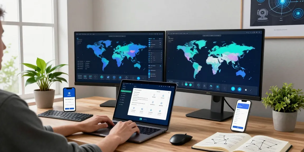 快连 app in use on a laptop in a modern home office, showcasing seamless internet connectivity and cybersecurity.