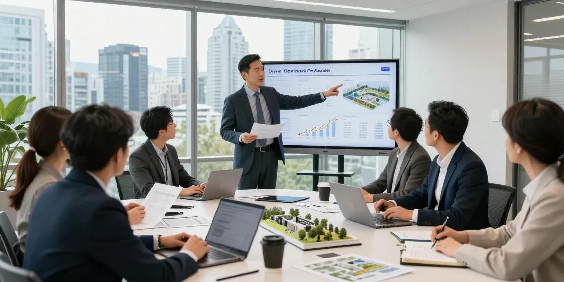 Terry Hui leading a strategic meeting, showcasing real estate development plans with a diverse team in a modern office.
