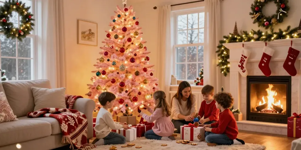 Pink pre lit xmas trees with festive decorations in a cozy living room.