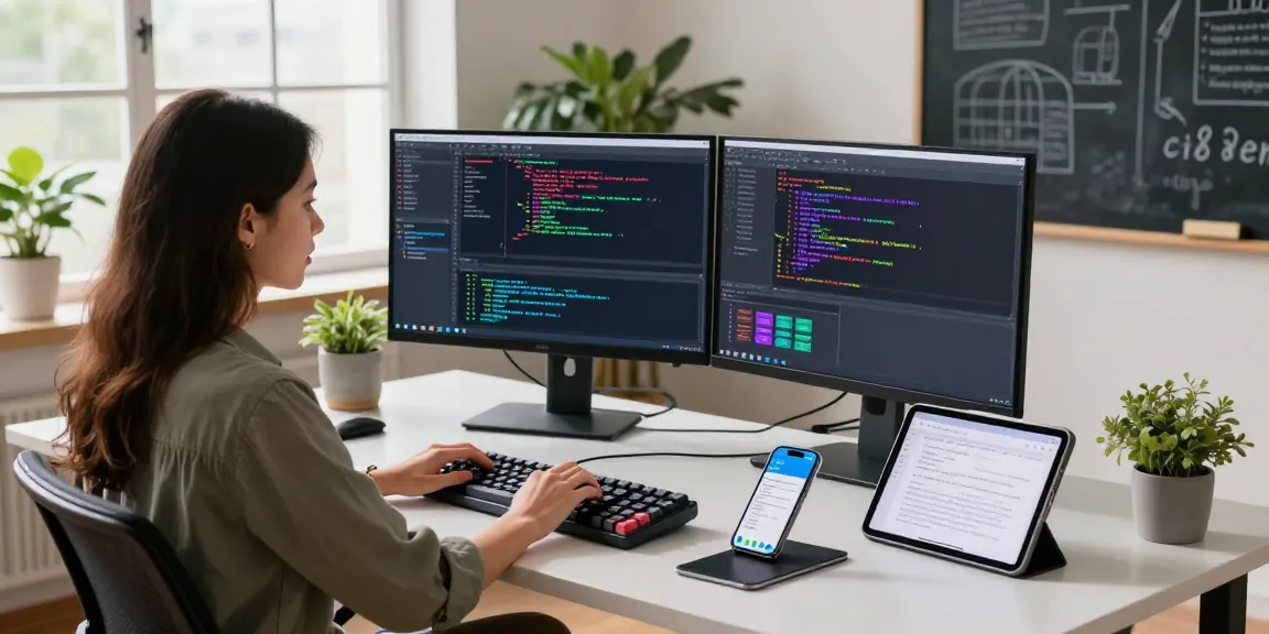 Female developer programming in a vibrant tech workspace, showcasing AI tools 2026.
