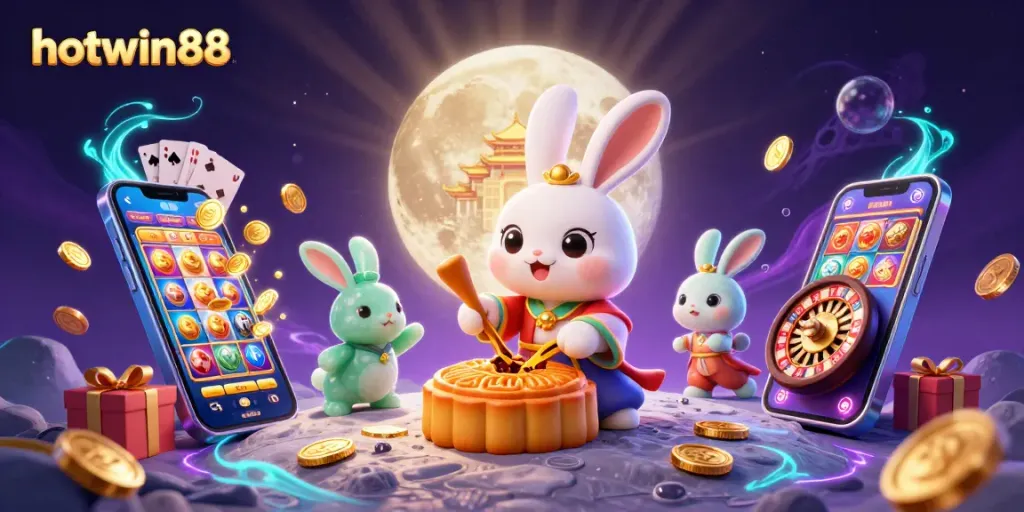 Engage with hotwin88 while exploring a vibrant 3D scene of a moon rabbit crafting mooncakes amidst casino elements.