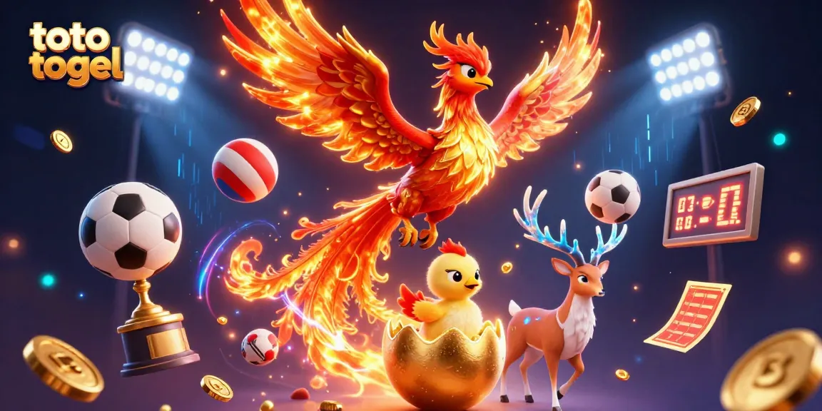 Experience exciting toto togel gameplay with a dazzling phoenix and dynamic sports elements in this vibrant 3D illustration.