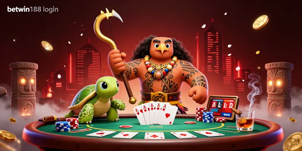 Ilustrasi menarik tentang betwin188 login, menampilkan demigod, kura-kura, dan elemen permainan poker.