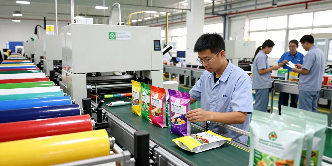 Flat bottom bags production showcasing quality and eco-friendly materials in a busy packaging factory