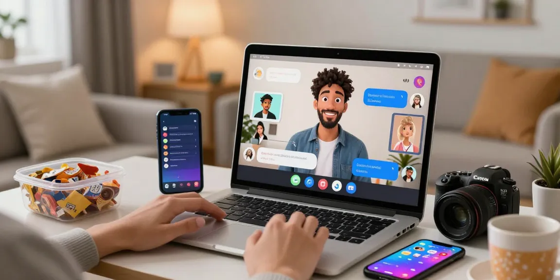 An engaging NSFW AI chat scene featuring a user interacting with animated AI characters in a cozy home office.