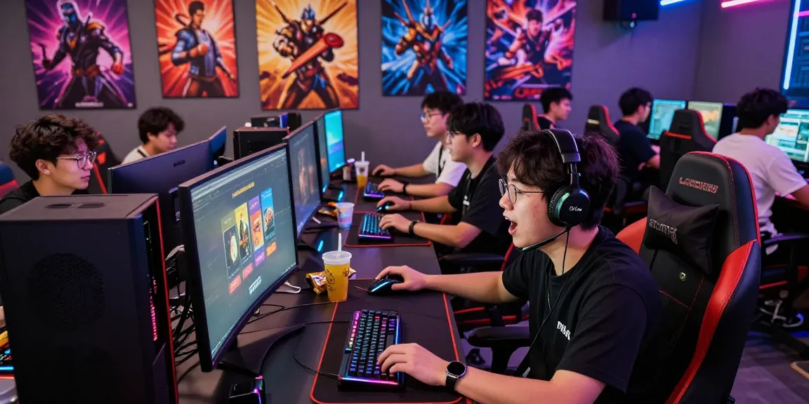 Engaging gaming scene featuring a rokok88 login on a high-definition monitor within a vibrant café atmosphere.