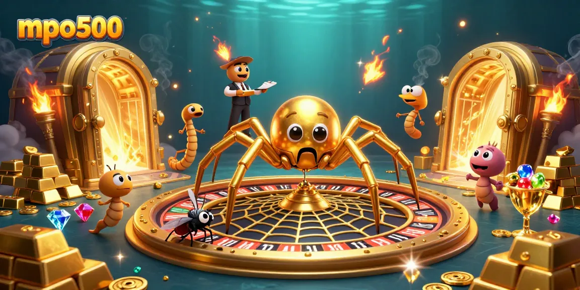 Experience the excitement of mpo500 as a golden spider spins a roulette web in a vibrant casino scene.