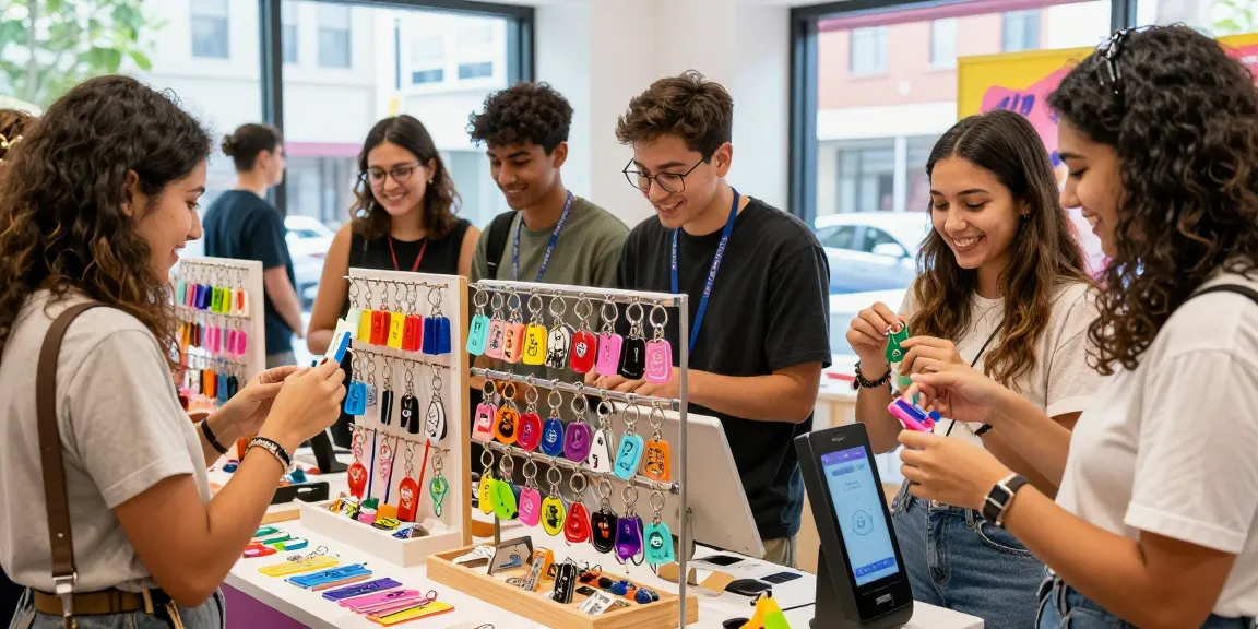 Personalized keychains displayed in a vibrant pop-up shop, showcasing customization options and happy customers.