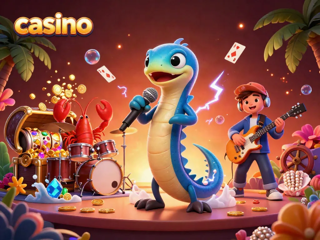 Experience electric energy in this vibrant underwater casino scene featuring playful characters and slot machines.