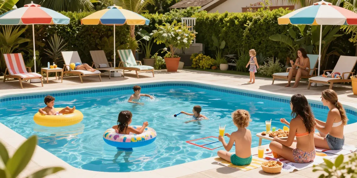 Family enjoying a sunny day by the pool, showcasing oprema za bazene and vibrant summer activities.
