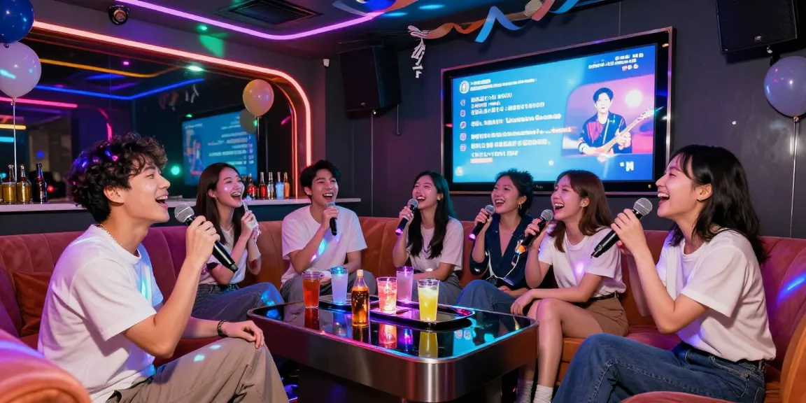 Exciting Gangnam karaoke scene with friends singing, vibrant environment.