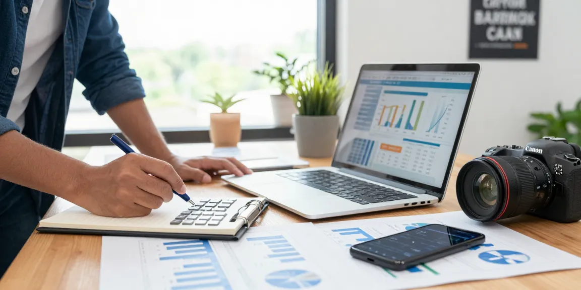 Business professional using a merchant cash advance calculator on a laptop surrounded by financial reports and motivational tools.