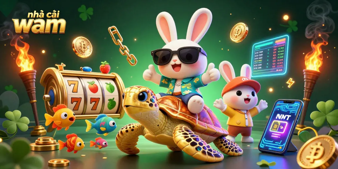 Play at nhà cái vmax and win with a lucky rabbit and a giant turtle in a colorful casino scene.