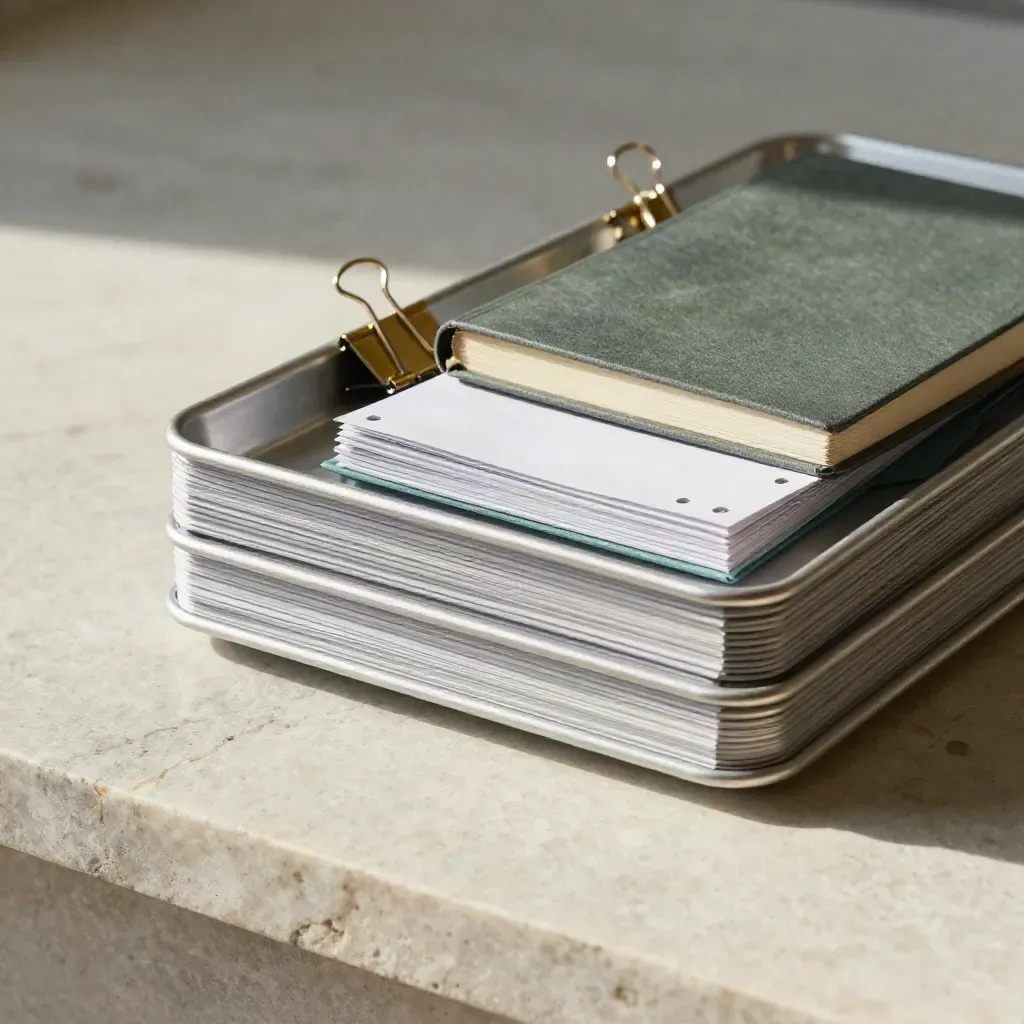 Metal project trays, brass clips, and slate notebook on limestone in soft late-afternoon light.