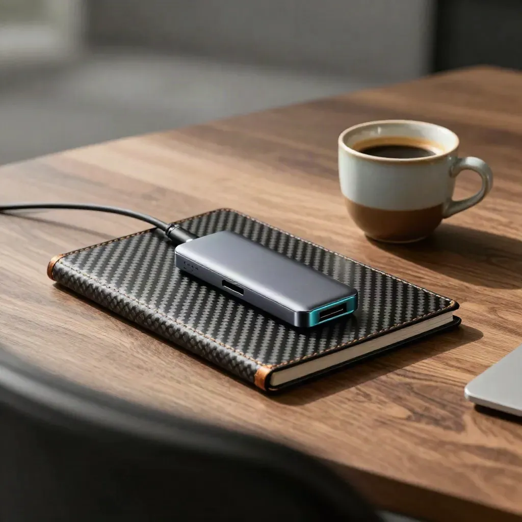 Carbon-fiber sleeve, USB hub, and espresso cup on walnut in dramatic studio light.