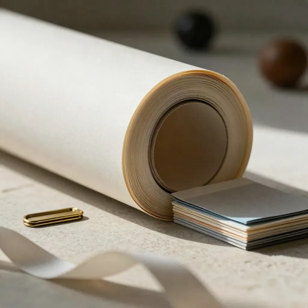 Macro still life of rolled proof sheets, brass clip, and paper stock samples on pale stone.