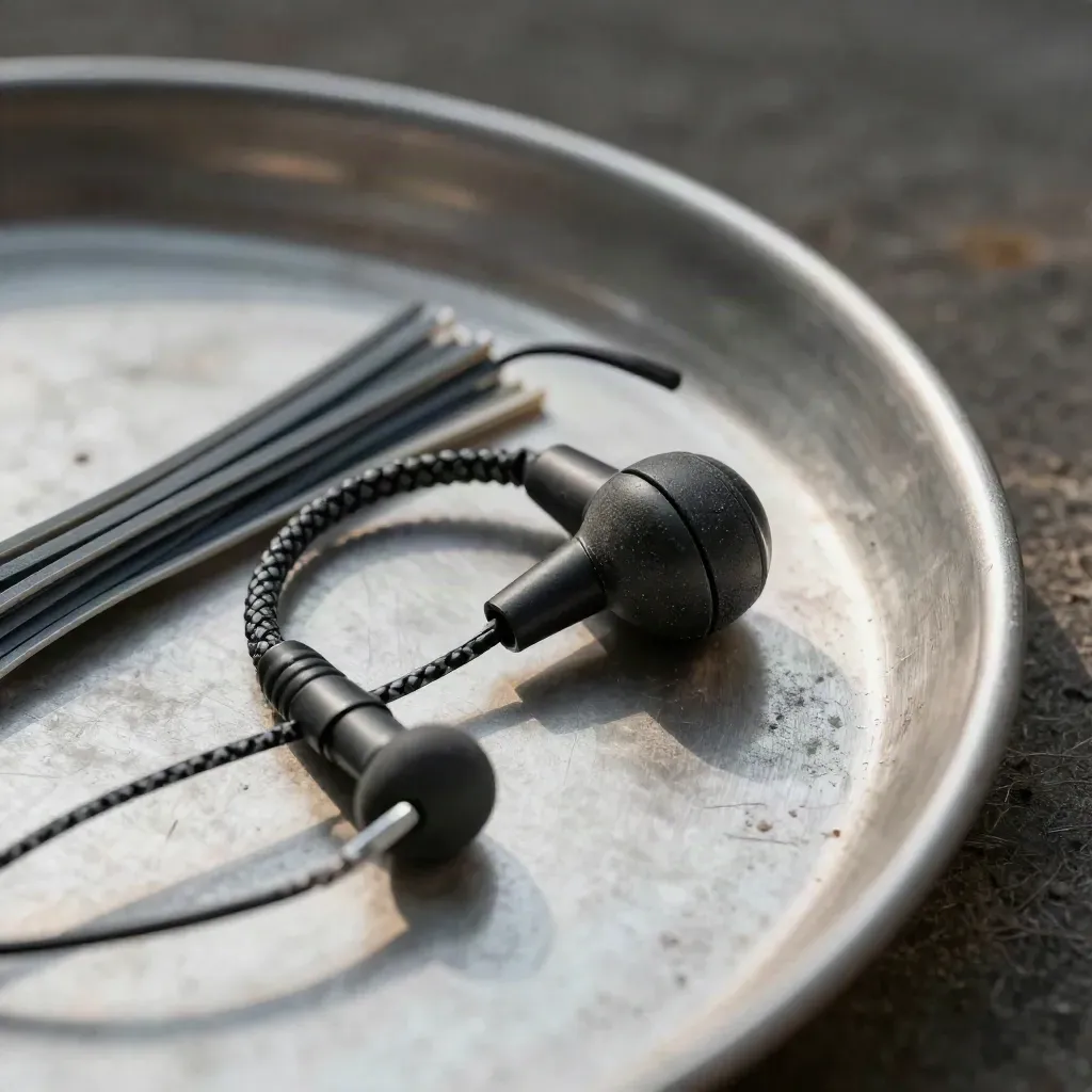 Macro still life of a rugged radio earpiece, cable ties and brushed metal tray on a dark background