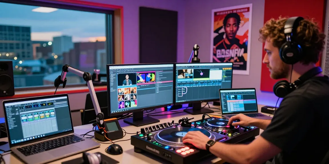 BlastFM Tweetcast in action with a DJ mixing tracks surrounded by vibrant studio lights