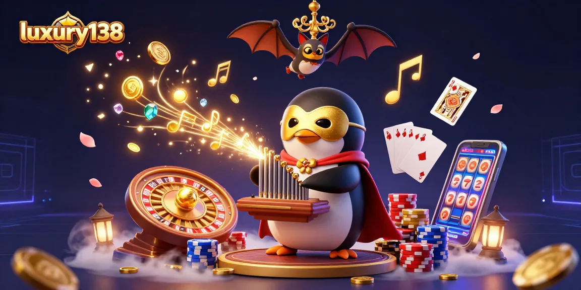 Experience luxury138's thrilling gaming scene with a vibrant penguin maestro and cascading rewards.