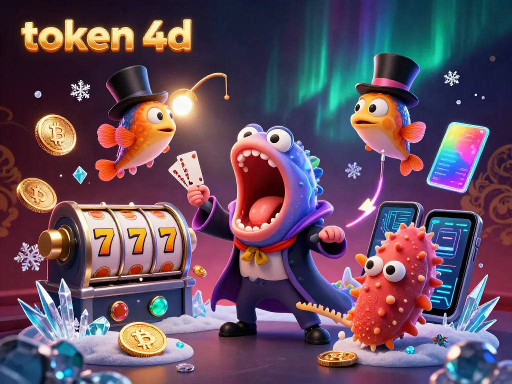 Reel slot berputar dan koin token 4d dalam ilustrasi perjudian yang dinamis.