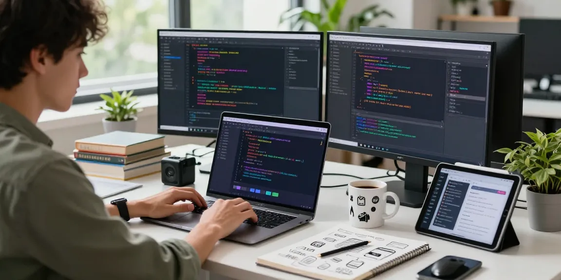 Workspace of a developer using 纸飞机中文版, showcasing a modern tech environment with coding windows and vibrant ambiance.