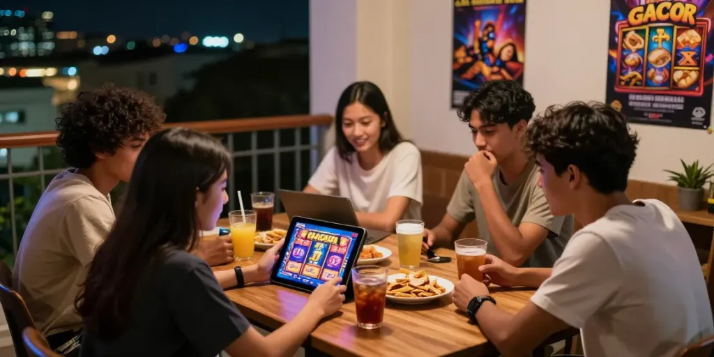 Friends playing slot gacor games on a tablet in a cozy gaming atmosphere.