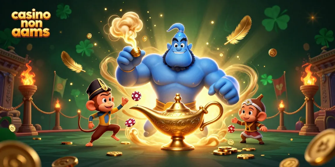 Scena emozionante di un casinò non AAMS con un genio muscoloso, fiches da poker e elementi magici