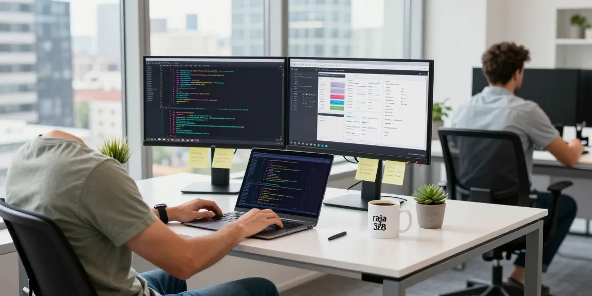 Developer coding at a modern desk showcasing raja 328 software project in a vibrant workspace.