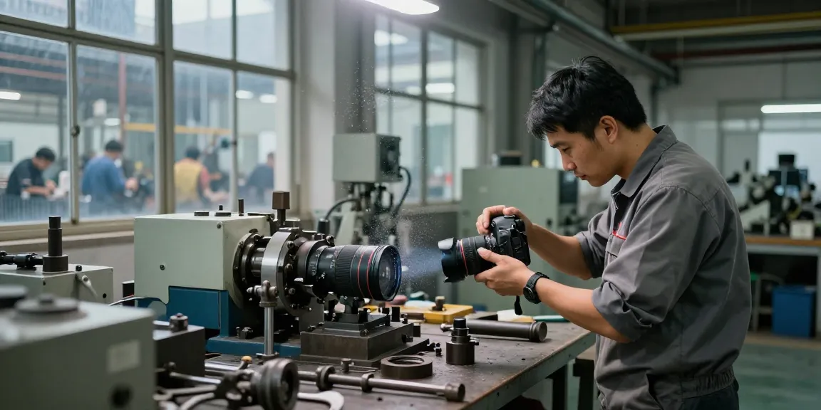 Fotografo Industriale che cattura dettagli di macchinari in una fabbrica.
