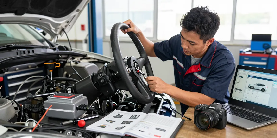 Autosleutel Stuurslot vervangen by a technician in a bright workshop, highlighting automotive expertise and tools.
