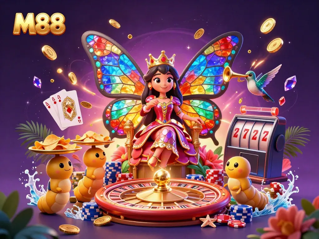 M88-themed digital illustration showcasing a vibrant casino scene with a butterfly queen and casino elements.