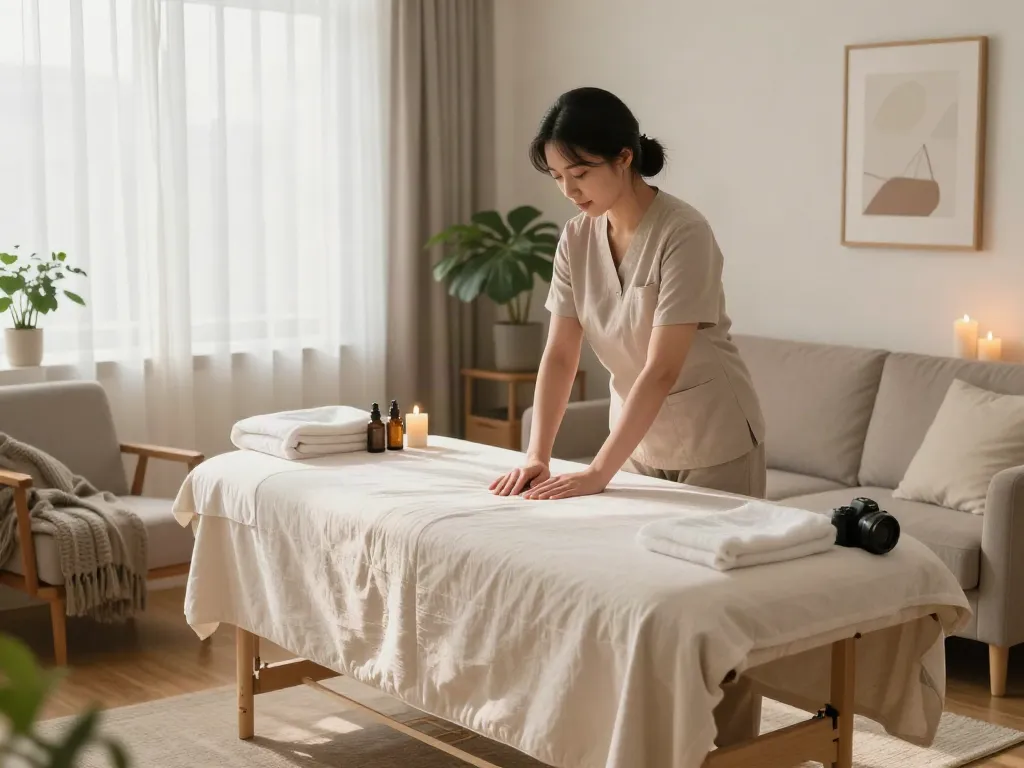 Experience a relaxing 강남출장마사지 setup in a cozy home setting with soothing decor and natural light.