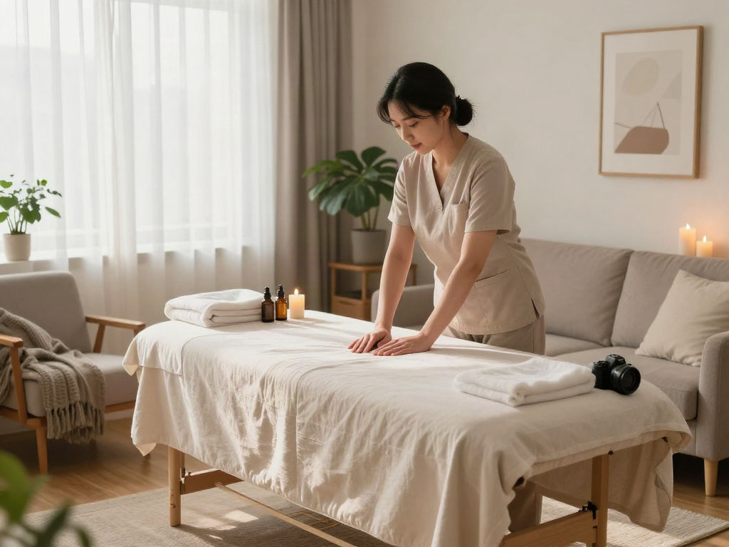 Experience a relaxing 강남출장마사지 setup in a cozy home setting with soothing decor and natural light.