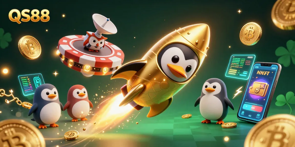 Experience thrilling games at QS88 with a dynamic scene featuring a golden penguin and poker chip casino.