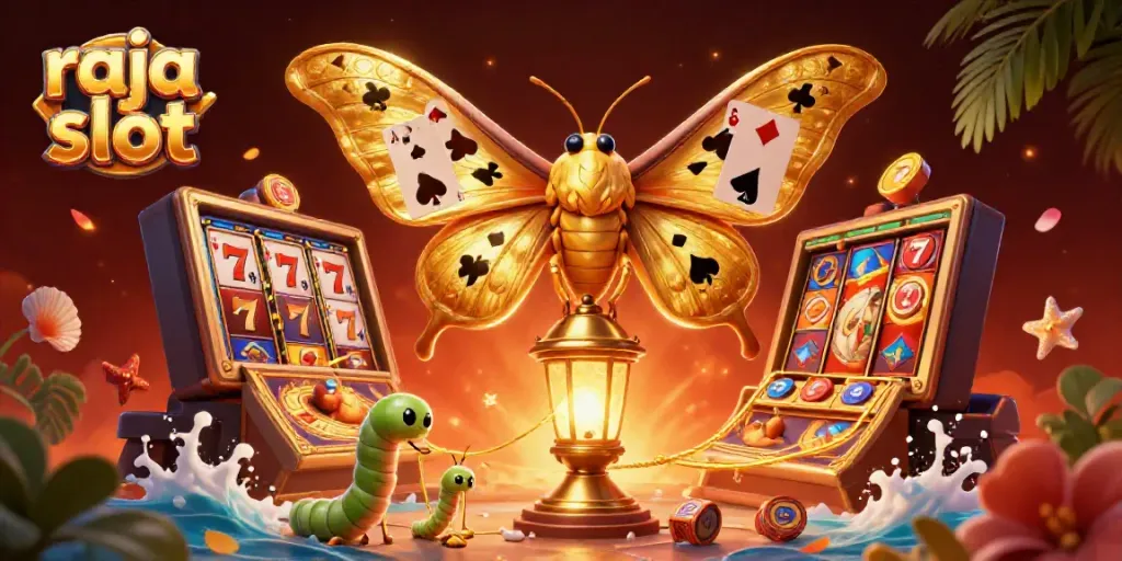 Raja slot: Moth bersayap emas di lantern, simbol jackpot berkilauan di sekitar