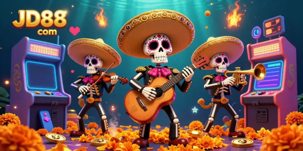 Engage with JD88 com in this vibrant mariachi-themed casino illustration packed with gaming excitement.