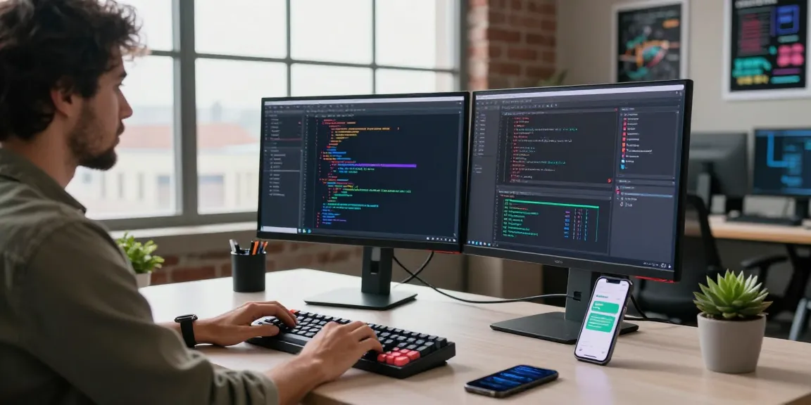 Developer coding at modern workspace with dual monitors, emphasizing telegramin-cn.com's tech services.