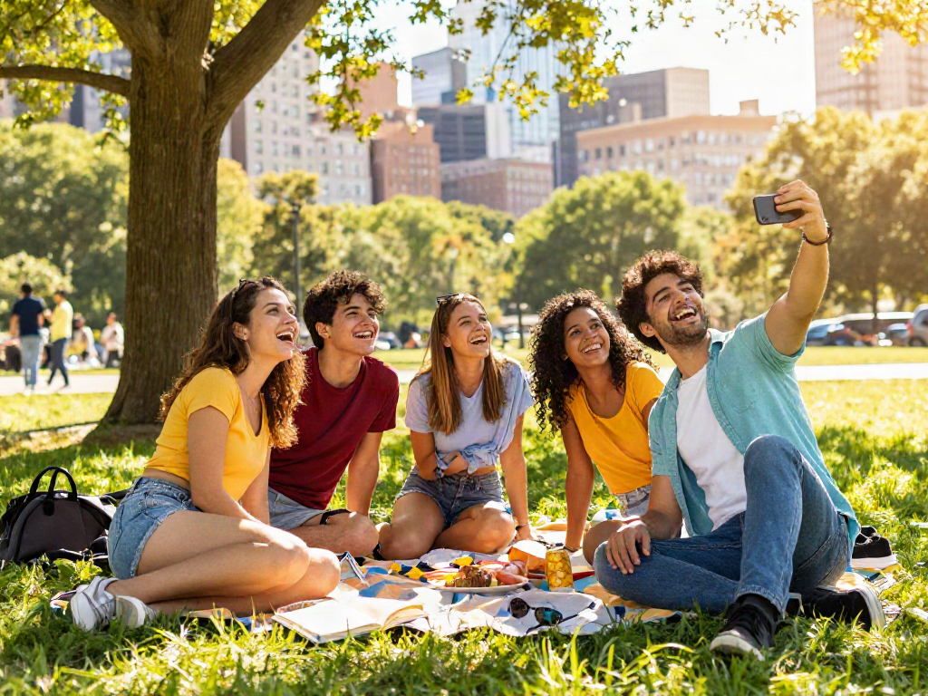 Group of friends enjoying a day in the park, estimating how old do I look through selfies and laughter.