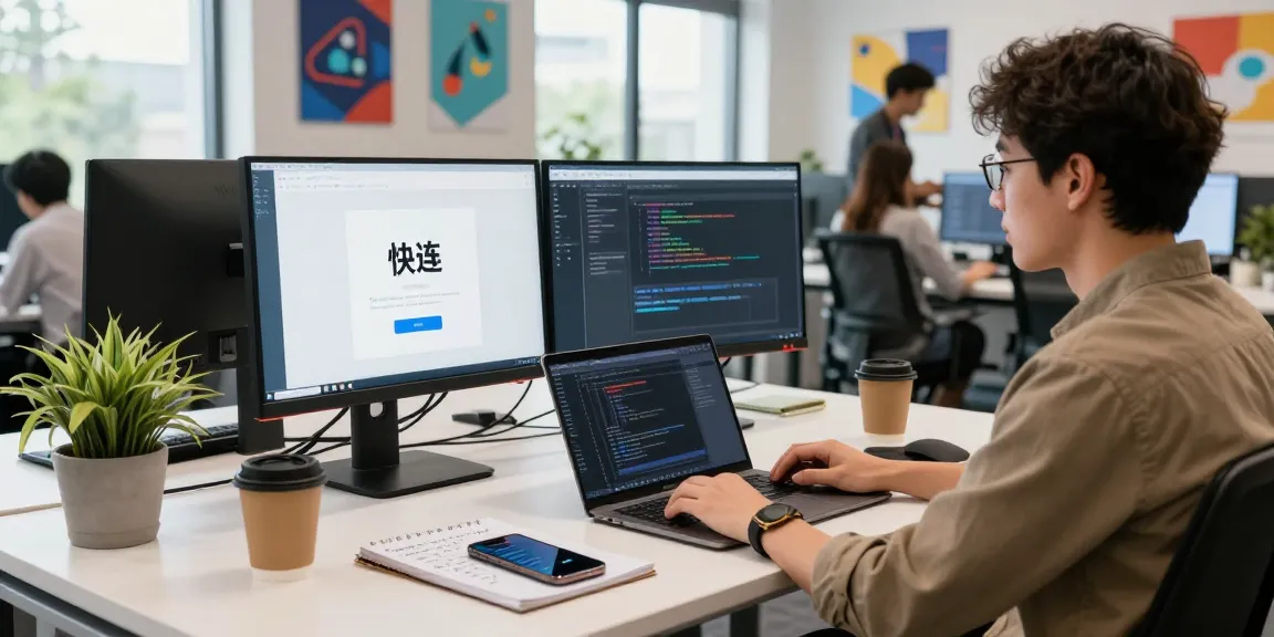 快连 application interface displayed on dual monitors in a modern tech office workspace.