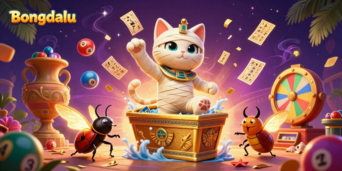 Bongdalu embodies excitement with a cartoon Egyptian mummy cat, golden elements, and lively game symbols.