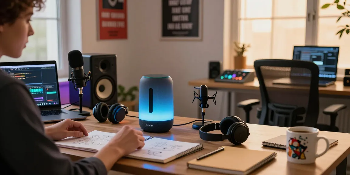 Divoom smart speaker in a cozy tech workspace showcasing audio creativity and innovation.
