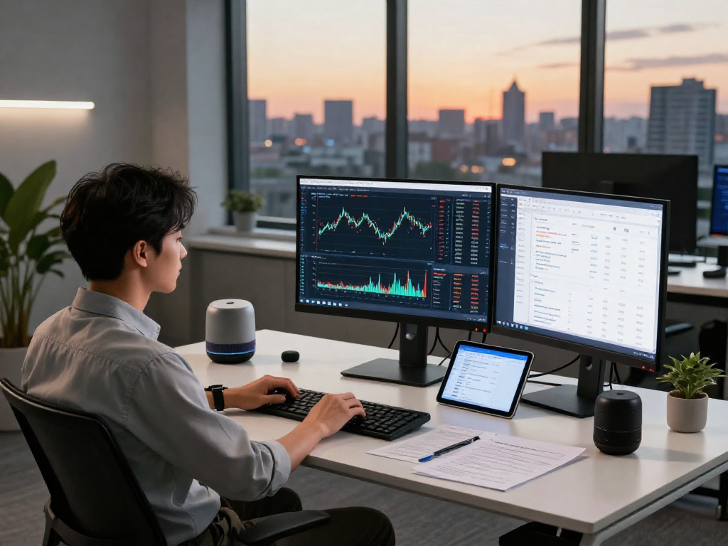 Singapore stock historical Kline API integration in a modern fintech workspace with real-time market data displayed on multiple screens.