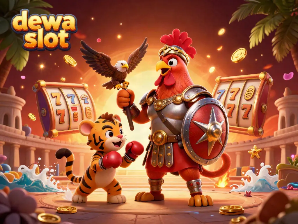 Menangkan permainan slot dengan dewa slot di arena judi, dikelilingi simbol keberuntungan.