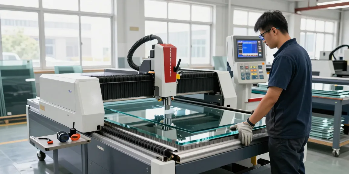 Operator using a glass cutting machine in an industrial setting with precision tools and bright lighting.