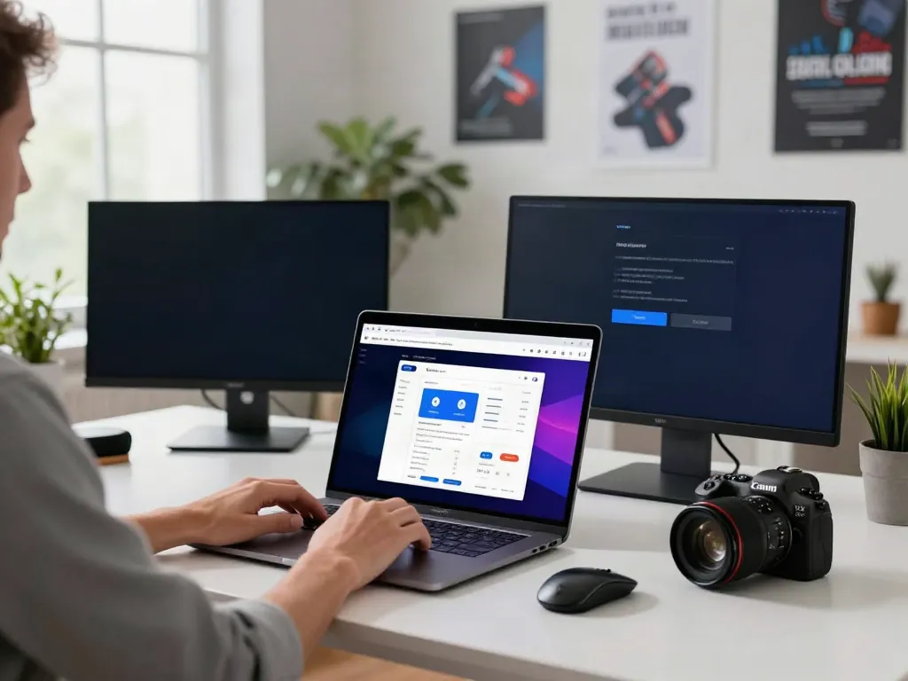 Professional using the Brave browser in a modern workspace.