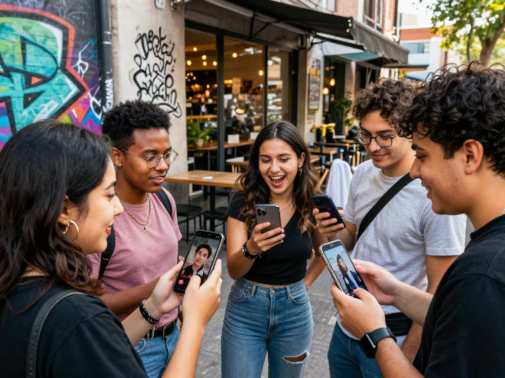 Group of friends comparing their celebrity look alike app results outdoors in an urban setting.