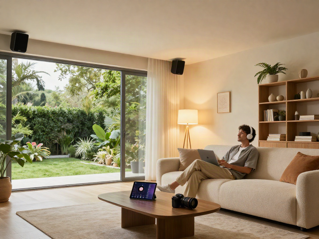 Experience sound quality with اسپیکر سقفی seamlessly integrated into a modern living room setting.