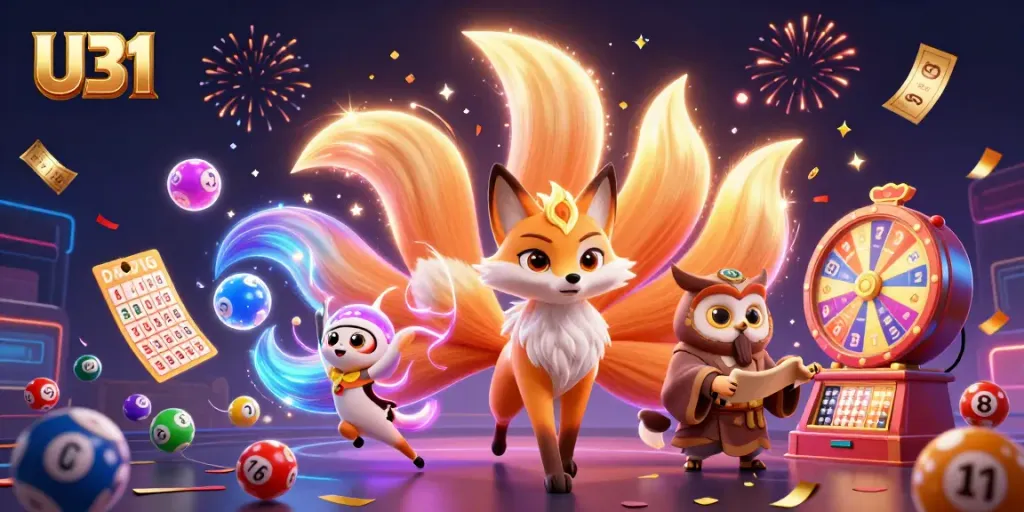 U31 vibrant online casino scene with a mystical nine-tailed fox, colorful orbs, and engaging game elements.