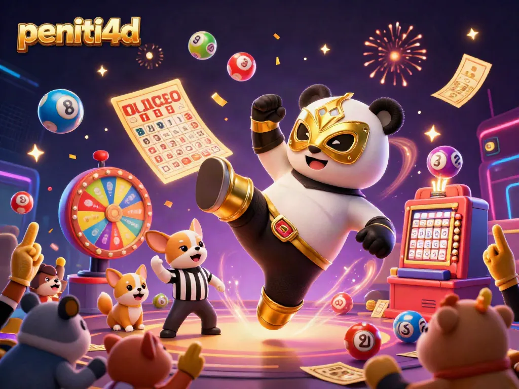 PENITI4D menghadirkan suasana kasino yang meriah dengan karakter panda dan anjing wasit dalam ilustrasi 3D yang menghibur.